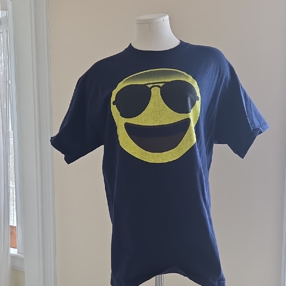 Fruit of the Loom Navy Blue T-Shirt with Yellow Emoji